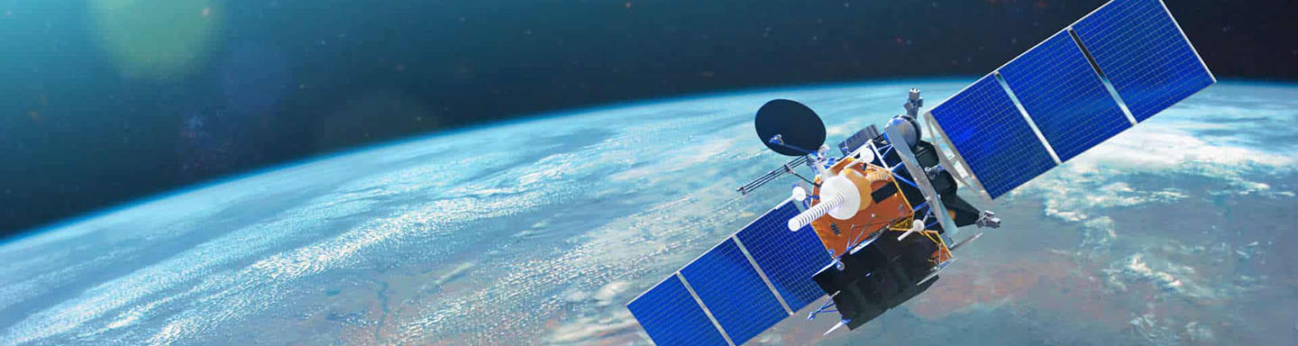  A satellite equipped with blue solar panels is seen orbiting above Earth. 