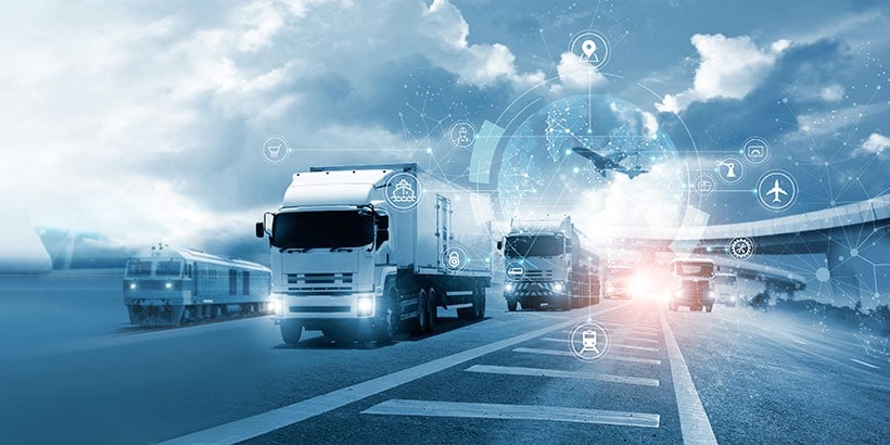 A futuristic depiction of logistics featuring trucks on a highway, a train, and an airplane in the background
